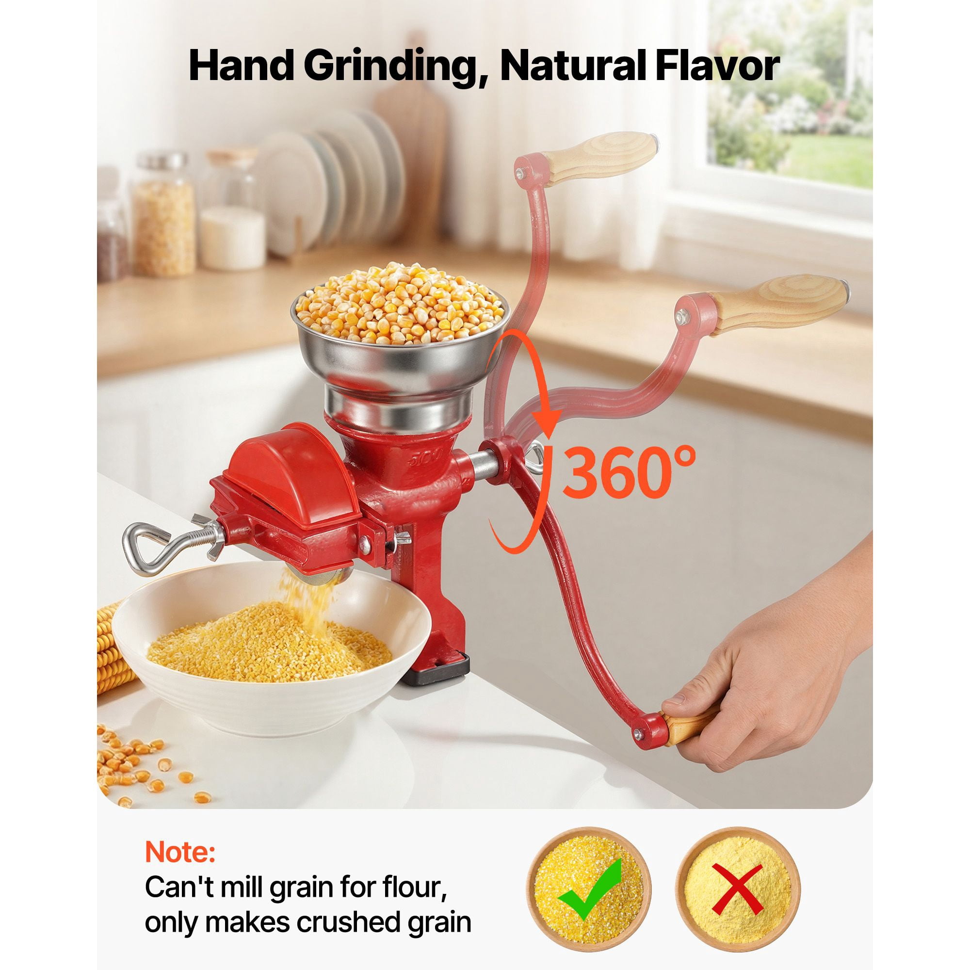 Manual Grain Mill with Low Hopper, Cast Iron, Adjustable Fineness, Table Clamp, for Grains Corn Coffee Beans Spices