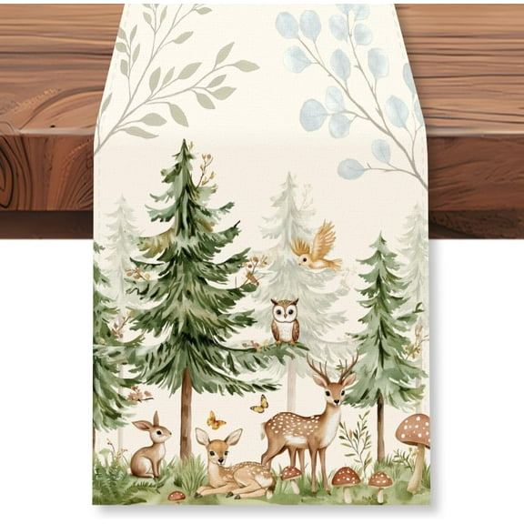 Forest Deer Bunny Table Runner 13x72 Inch Cute Forest Animal Kitchen Dining Table Decoration Spring Summer Seasonal Farmhouse Holiday Table Runner