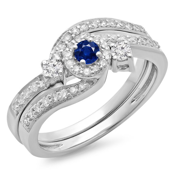 Dazzlingrock Collection 14K Blue Sapphire & White Diamond Twisted Swirl Bridal Halo Engagement Ring Set, White Gold, Size 6.5