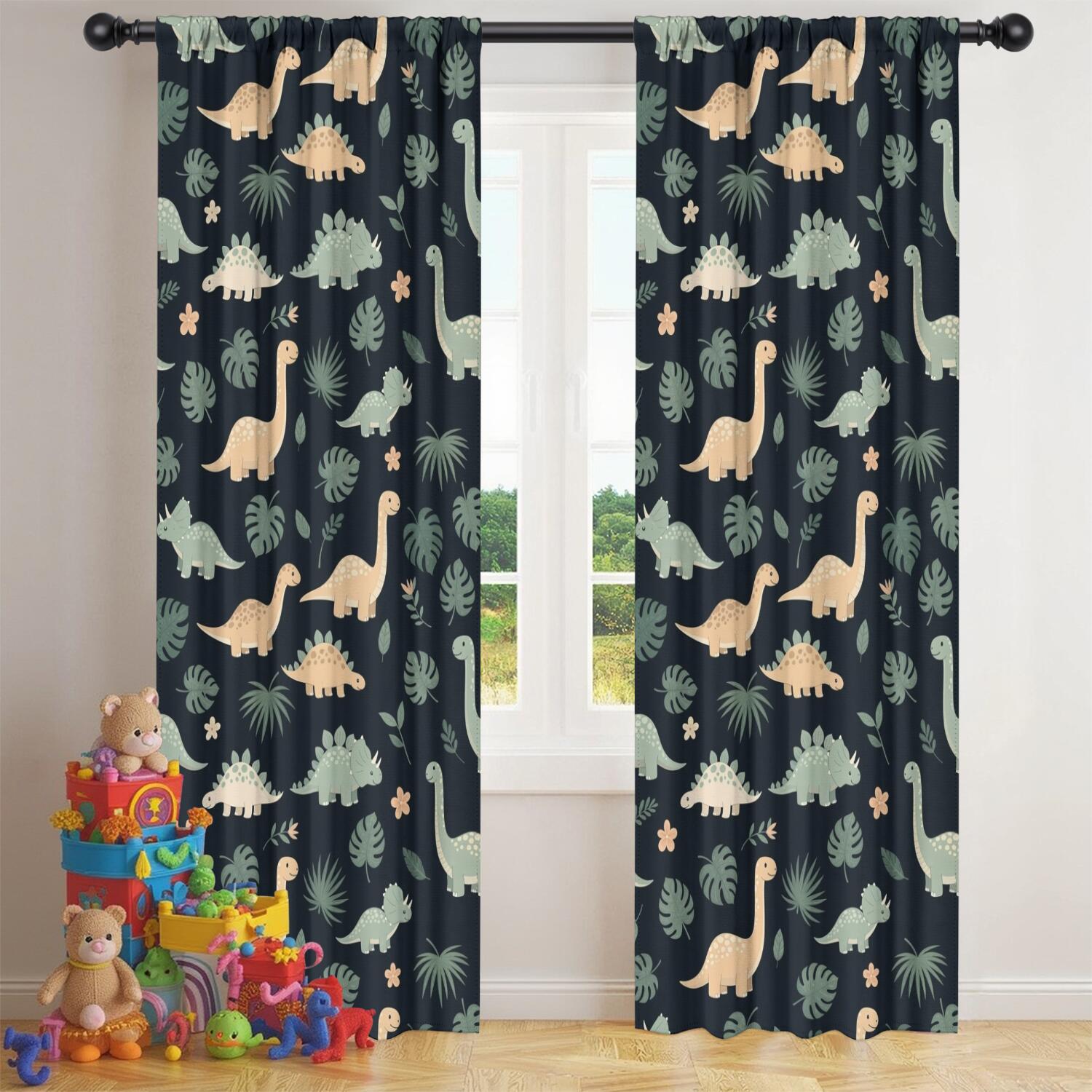Blackout Kids Curtains,Dark Green Leafy Dinosaurs Pattern Childrens Insulated Curtains Set Of 2,Bedroom Essentials,Toddler Room Decor 42"x84"