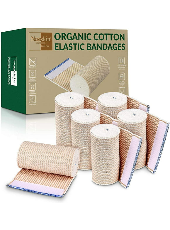 NexSkin Organic Cotton Elastic Bandage Wrap (4" Wide, 6 Pack) | Hook & Loop Fasteners at Both Ends | Ace your Recovery for Sports | Latex Free Hypoallergenic Compression Roll for Sprains & Injuries