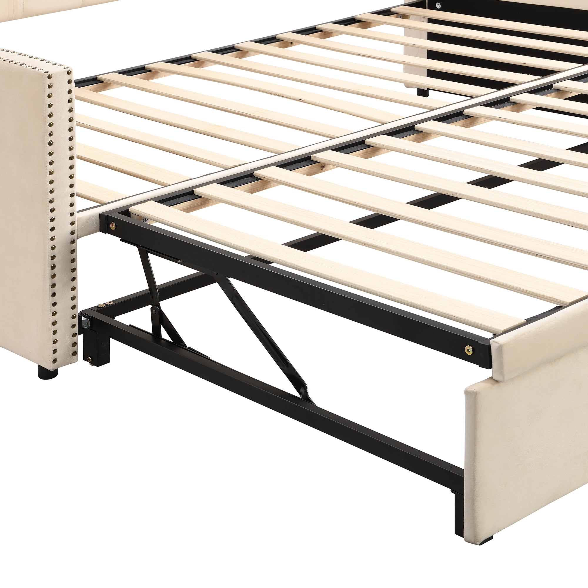Aukfa Twin Daybed with Pop-Up Trundle, Velvet Upholstered Bed Frame with Button Tufted Back and Nailhead Trim, Space Saving Guest Bed for Kids Room/Living Room, Beige