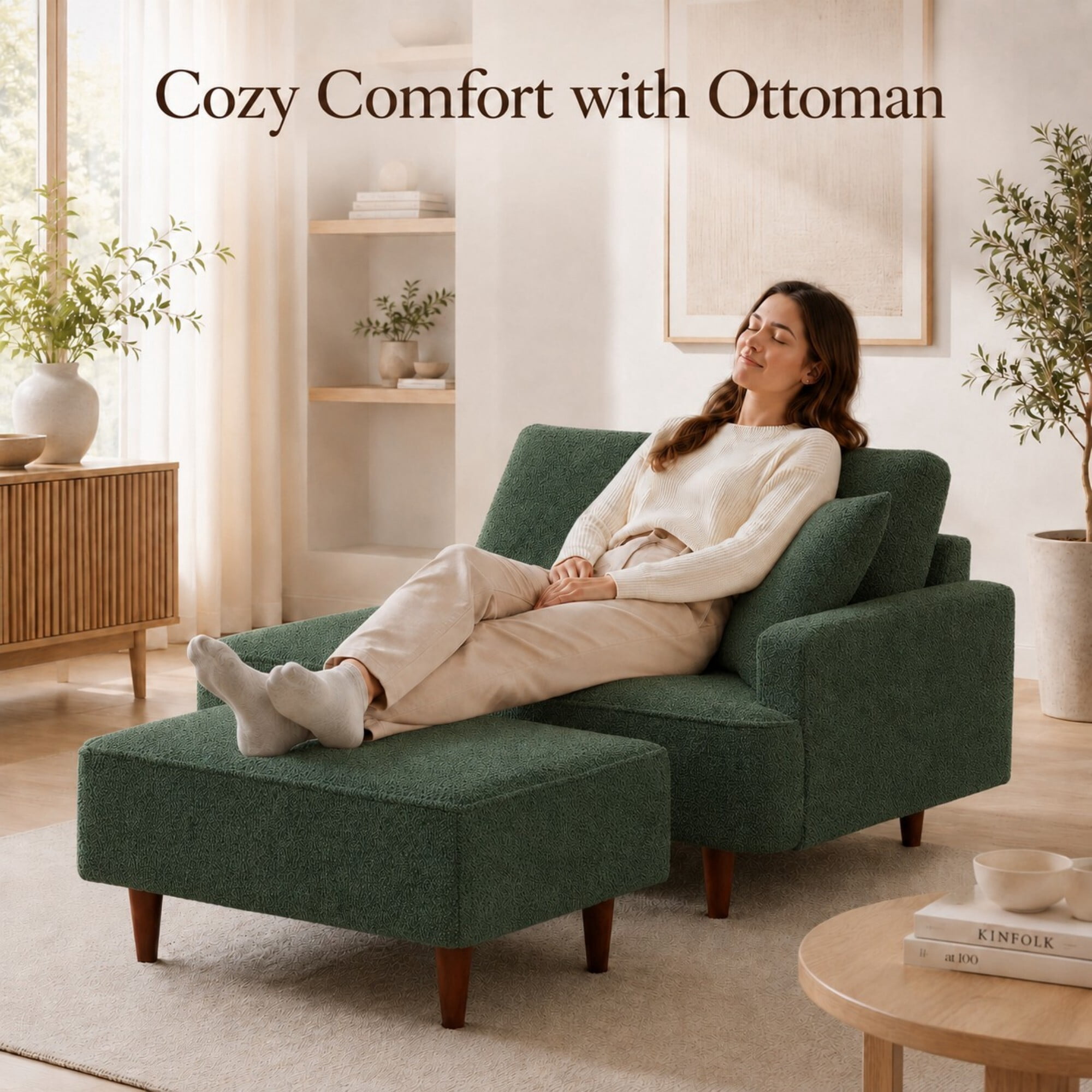 DEALTOPS Convertible Boucle Upholstered Chaise Lounge Chair with Ottoman for Living Room Bedroom, Green