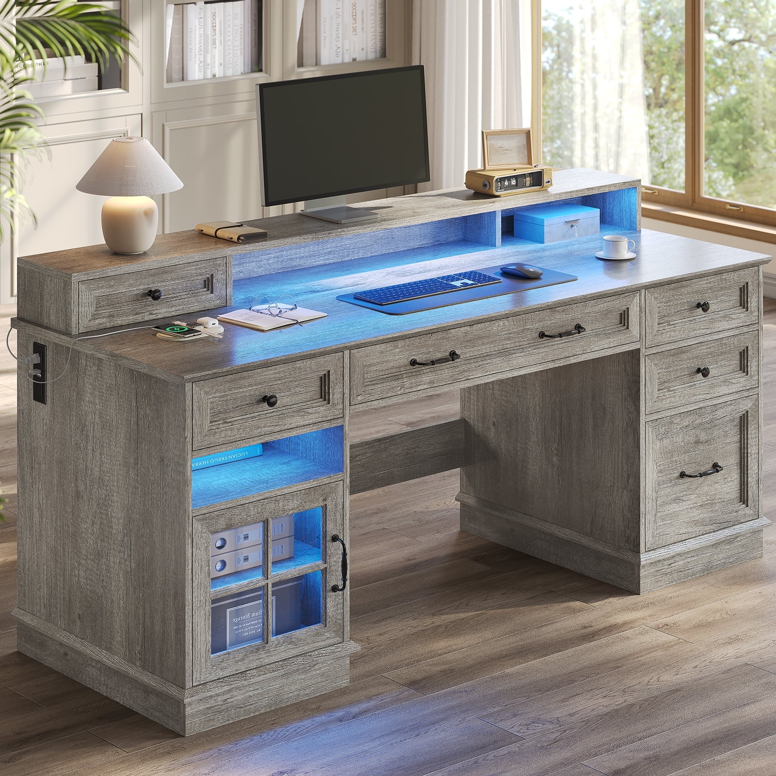 Plonmago Computer Desk with Drawers, Farmhouse Executive Desk with Monitor Stand ,Wood Desk with Power Outlets & LED Lights,Large Home Office Desk with Storage Cabinet Writing Desk for Bedroom,Gray