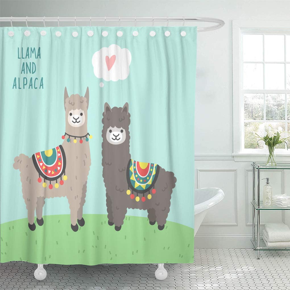 Watercolor Tropical Pattern of Alpaca Flags llama Fabric Shower Curtain Set 72" 