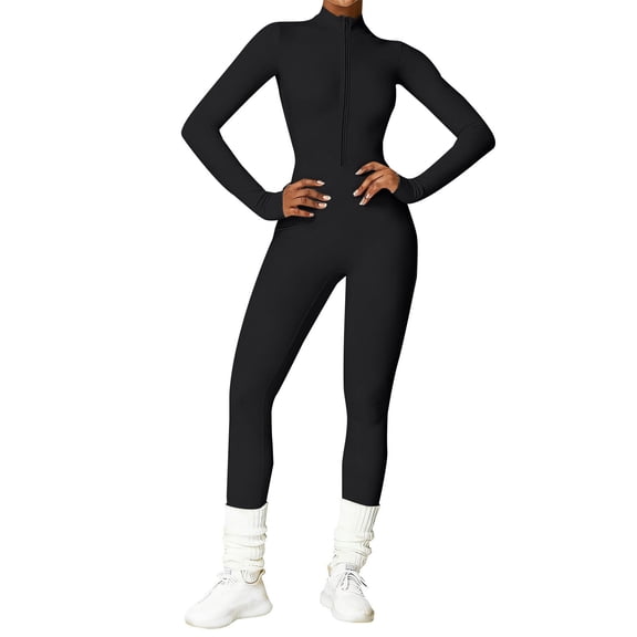 Women's Zippered Full Body Yoga Suit Long Sleeve Fitness Tight Bodysuit Outerwear Sportswear