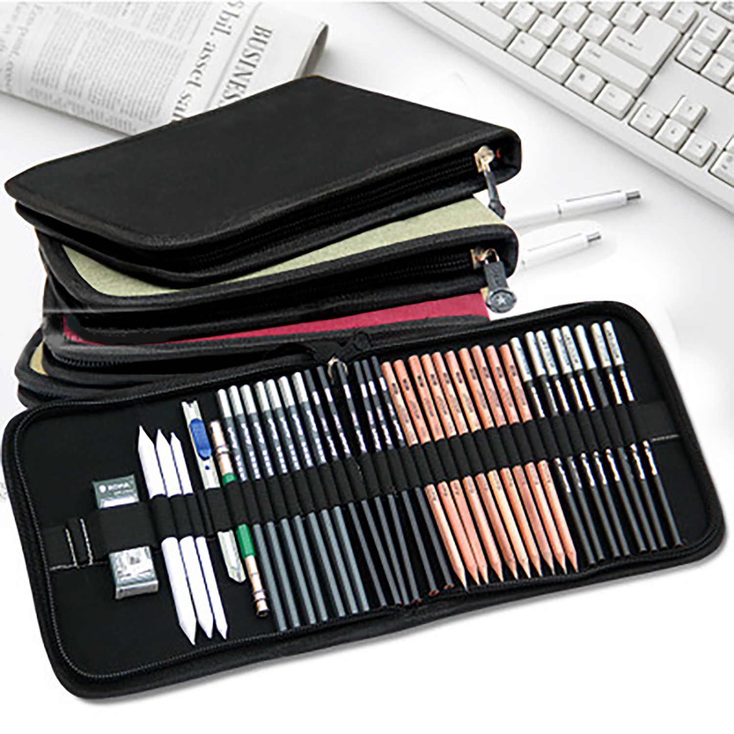 48 Slots Canvas Pencil Case with Zipper Hand Strap Large Capacity Pencil Carrying Bag Organizer