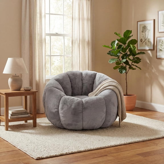 FFZ Floral Shaped Faux Fur Bean Bag Chair for Reading, Gray
