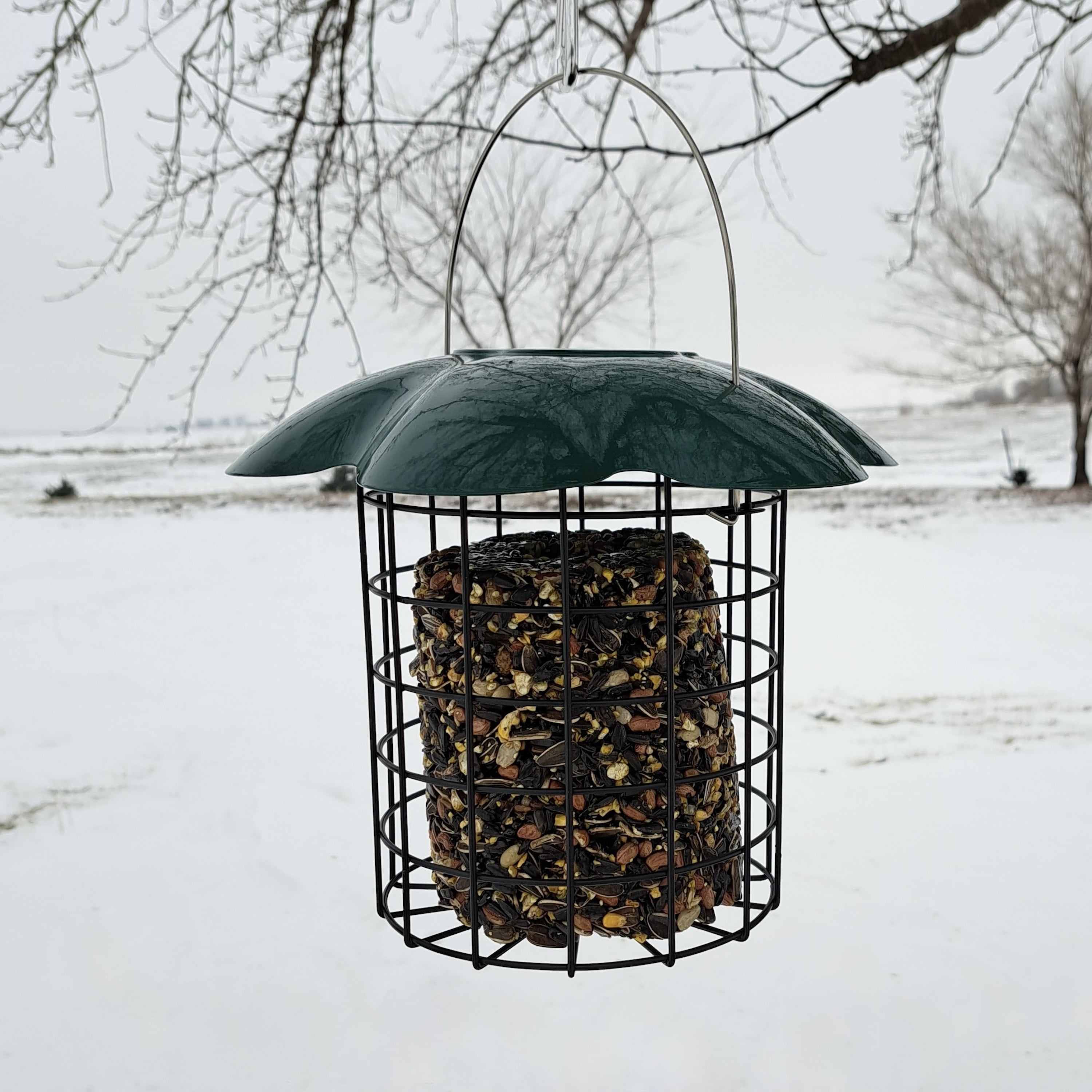 Backyard Essentials Large Seed or Suet Log Caged Feeder - Metal Suet Cage Cylinder Bird Feeder with Green Slide Down Protective Roof