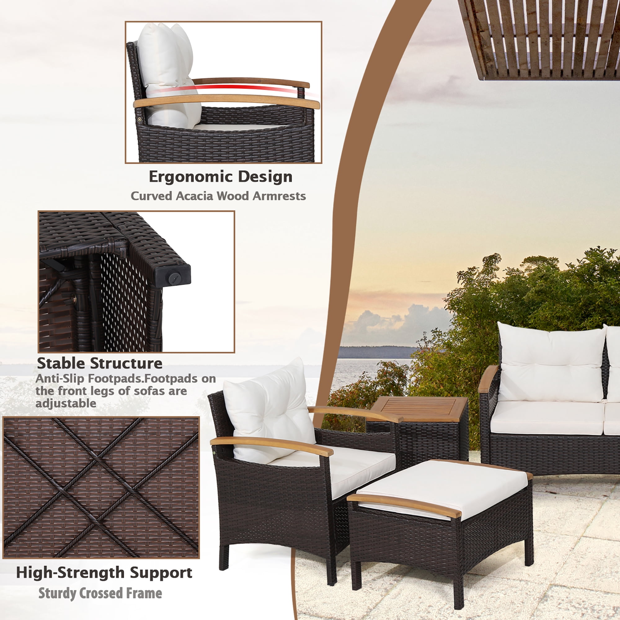 Costway 5PCS Patio Rattan Furniture Set Sofa Ottoman Cushioned Table W/Wood Top