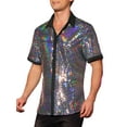 thumbnail image 4 of INSPIRE CHIC Men's Sequin Party Shirt Contrasting Color Short Sleeve Button Down Top M Silver, 4 of 6