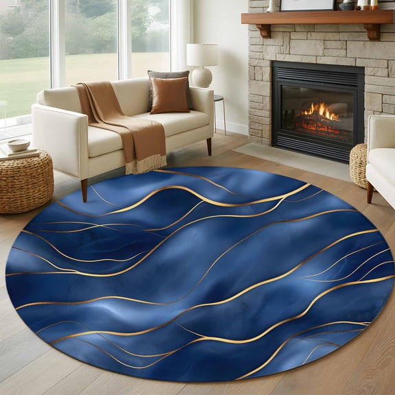 8ft Round Rug, Navy Blue Marble Non-Skid Rubber Backing Large Area Rugs - Living Room Bedroom Home Office, Abstract Modern Golden Geometric Indoor Floor Mat Carpets Washable Rug