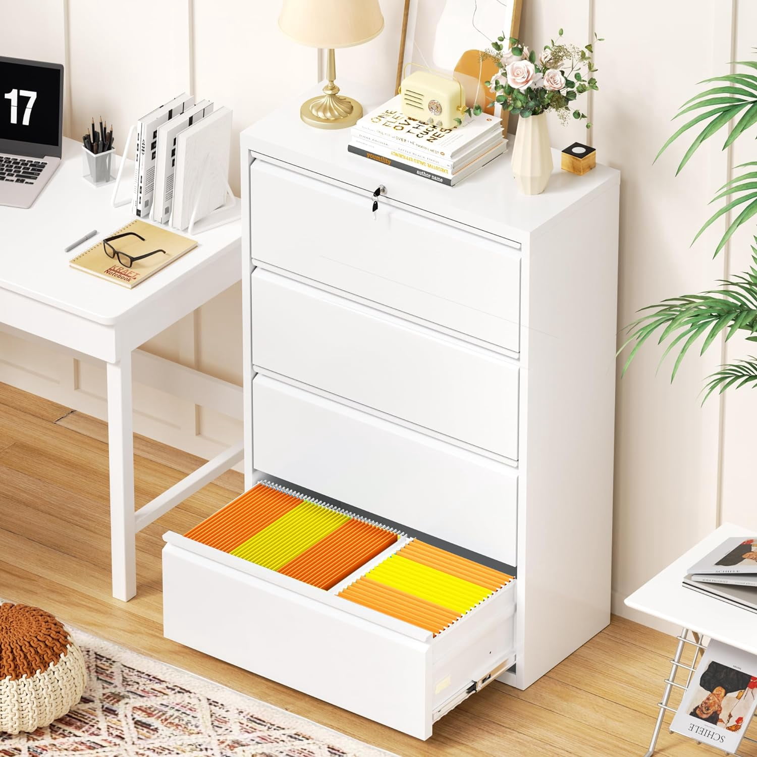 SUNCROWN File Cabinet 4 Drawers, Metal Lateral Filing Cabinet with Lock, Office Locking File Cabinets for Letter/Legal/A4/F4, White-28”W, Easy Assemble