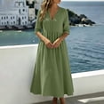 thumbnail image 6 of Ohufall Cotton Linen Dress for Women Hollow Out Pleated Dresses V Neck Half Sleeve Vacation Beach Maxi Dress, 6 of 8
