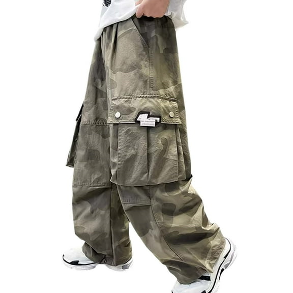 XUELUO Toddler Boys Pants Summer Cargo Camouflage Print Elastic Waist With Pockets Sports Trousers Activewear,Green,4-5 Years