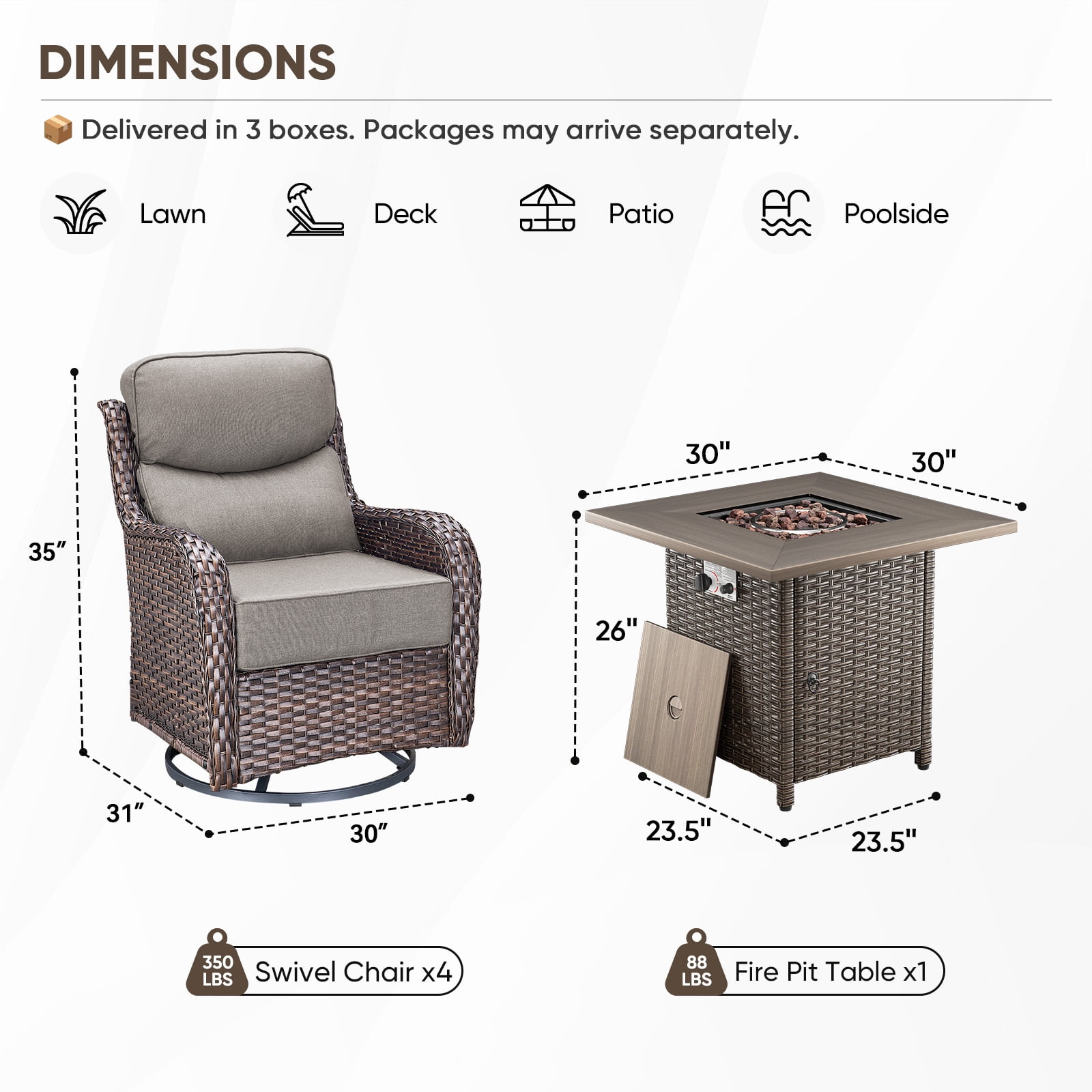Planntonneo 5pcs Patio Furniture Set with Fire Pit Table, 4pcs Outdoor Wicker Swivel Chairs with 30" Propane Fire Table Square, 6inch Thickened Grey Cushions