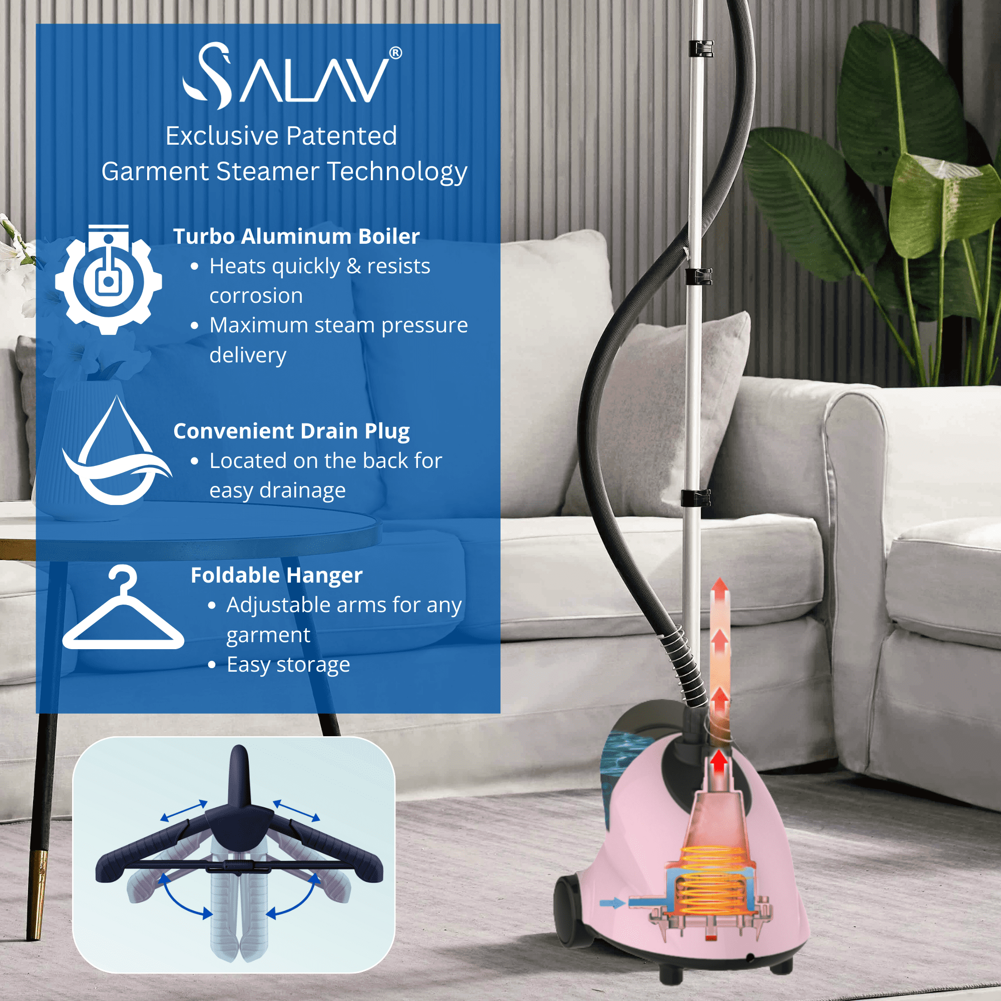 SALAV Continuous Steam Upright Standing Garment Steamer with Extra Large Water Tank Pink