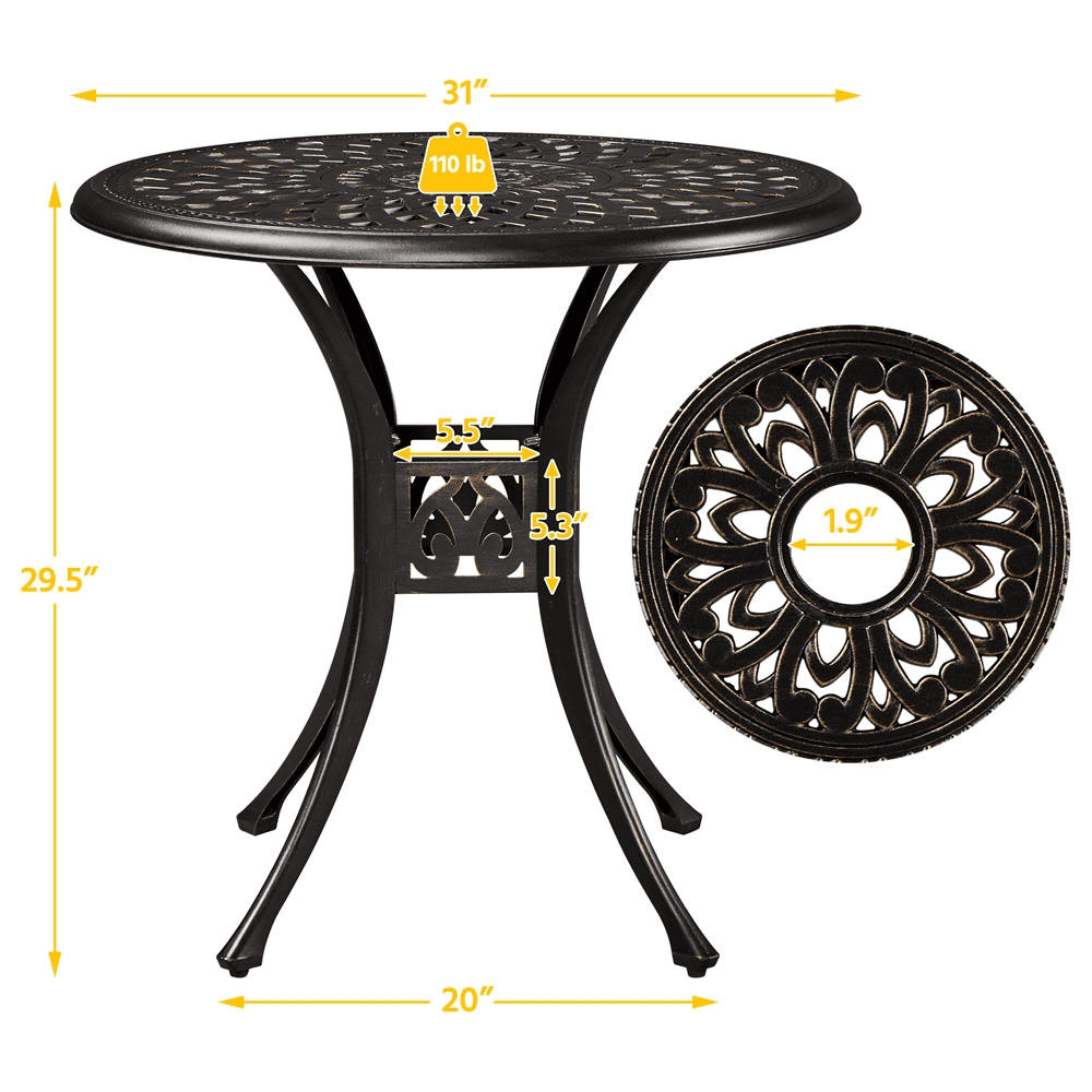 Alden Design 31in Round Cast Aluminum Patio Bistro Table with Umbrella Hole for Outdoor, Bronze