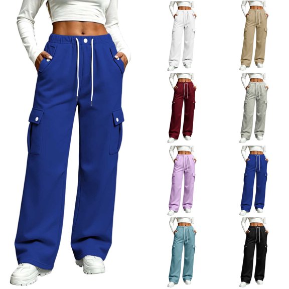 Womens Sweatpants with Pockets Zaewscy Women's Casual Solid Color Drawstring Elastic Waist Sweatpants Cuffed Side Pockets Pants Blue S