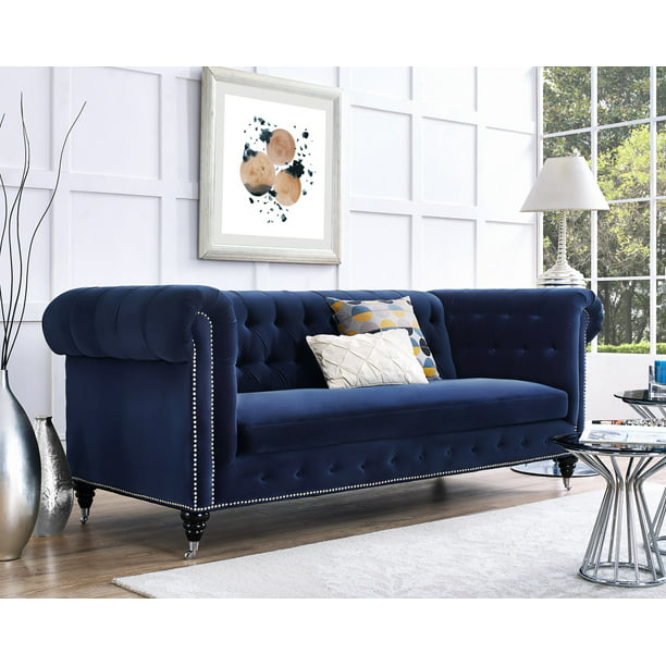 Tov Furniture Hanny Navy Blue Velvet, Tufted Sofa Set With Nailhead Trim