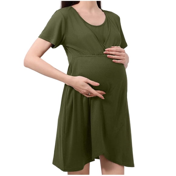 Wo-Fusoul Nursing Dress for Women, Solid Color Round Neck Short Sleeve, Loose Comfortable Maternity Dress for Home Sleeping and Casual Wear, Army Green