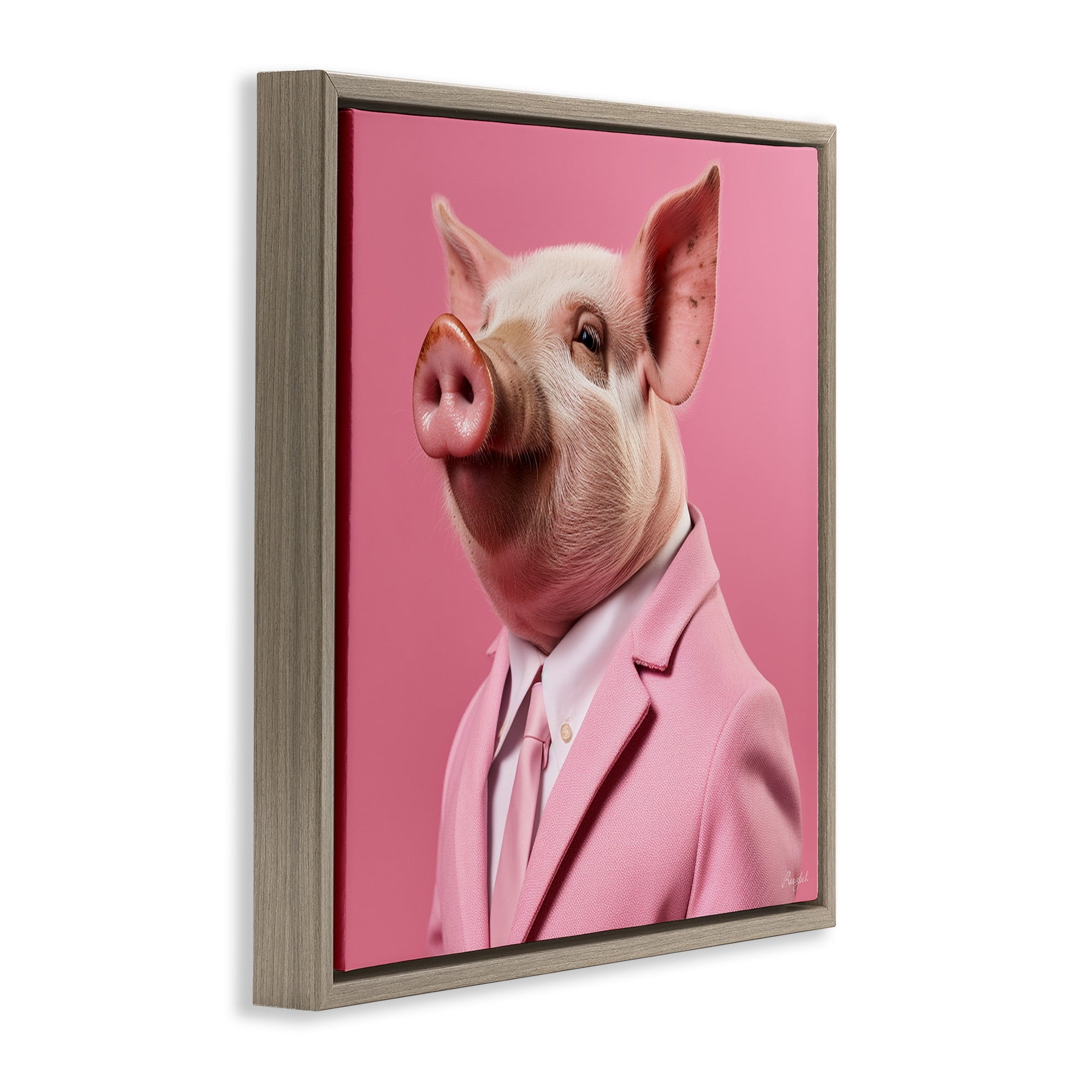 Stupell Industries Pink Pig Fashion Animals & Insects Painting Brown Floater Framed Canvas Art Print Wall Art, 18 x 18
