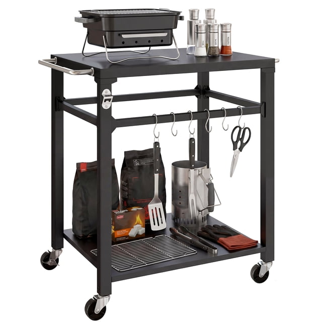 Outsunny Outdoor Grill Cart with Hooks, 2-Tier Rolling Kitchen Prep Station