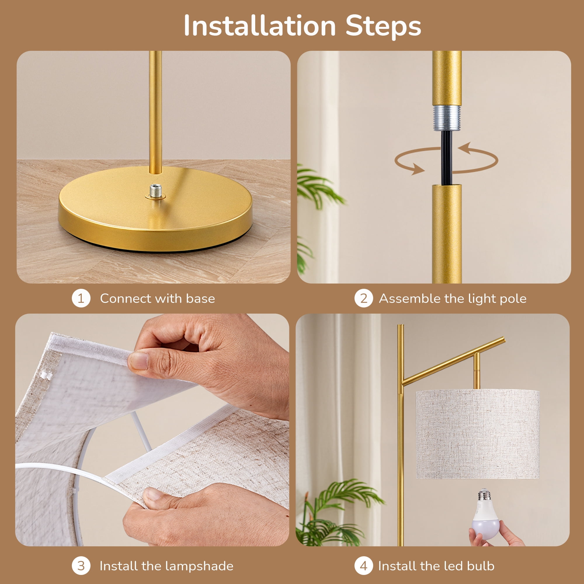 EDISHINE 64.7in Floor Lamps for Living Room, Metal Standing Lamp with Foot Switch for Bedroom, Office, Decor, Lighting, Golden