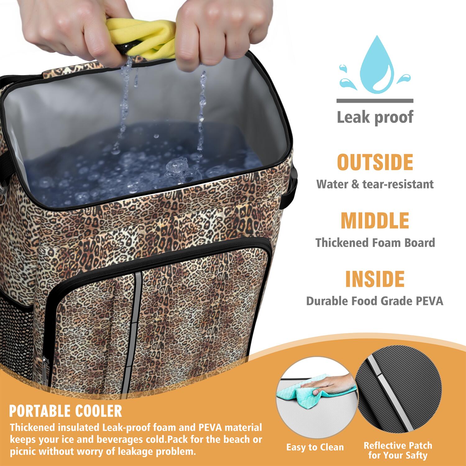Travel Cooler Bag - Brown and Black Leopard Print Camping Beer Cooler Backpack with Bottle Opener- Waterproof Insulated Picnic Backpacks - Cooler Bag for Beach