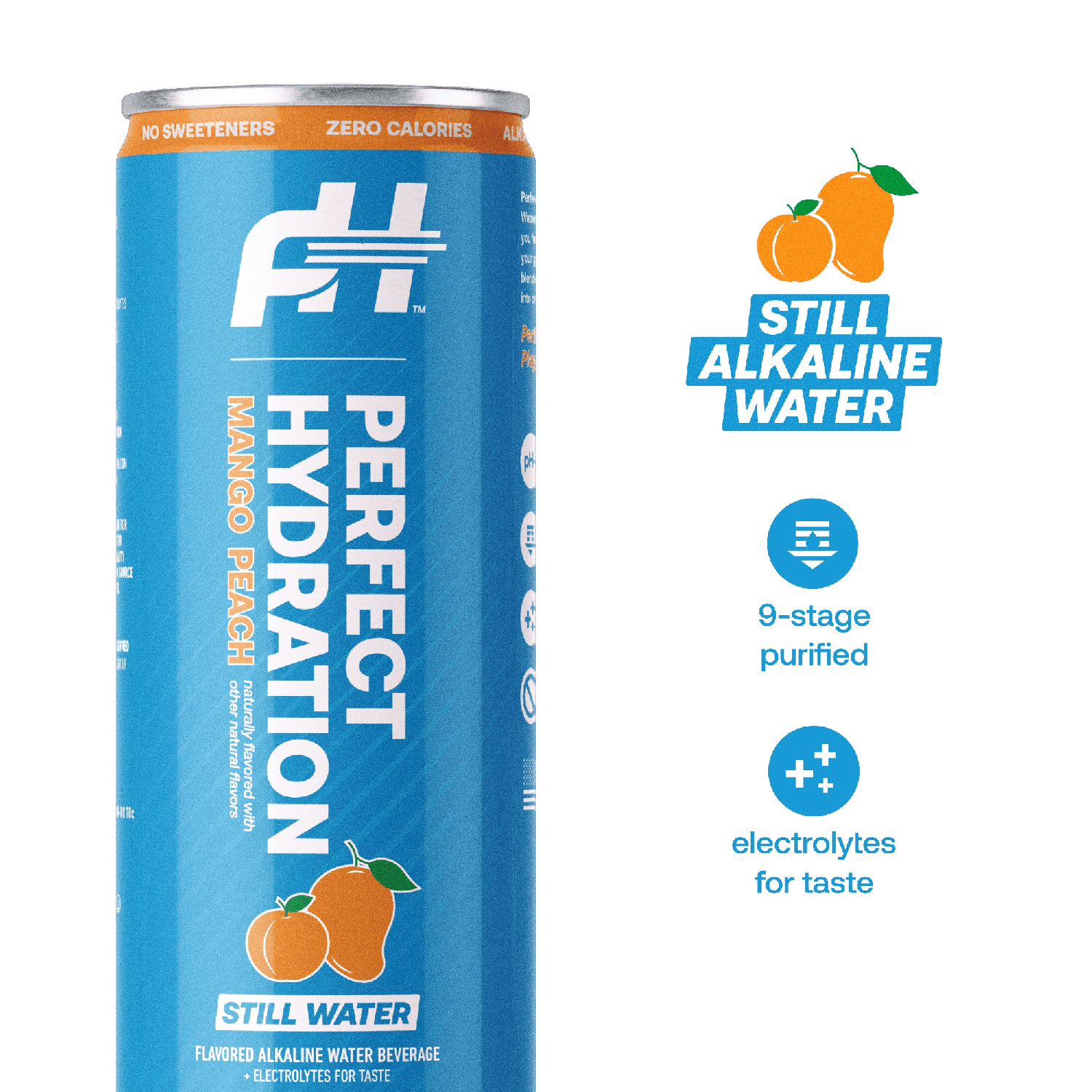Perfect Hydration Mango Peach Flavored Alkaline Water, 0 Sugar, 0 Calories, 12 oz cans, Pack of 12