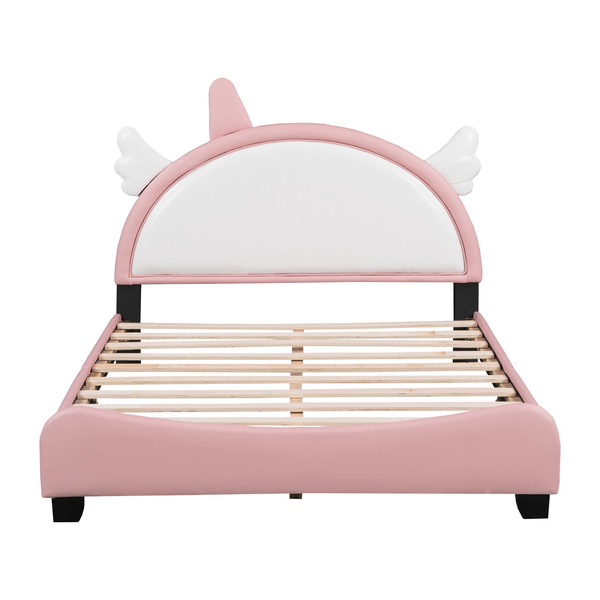 DEALTOPS Full Size Upholstered Bed with Unicorn Shape Headboard, Cute Platform Bed for Kids Teen, Pink