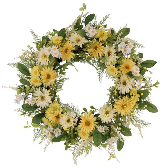 30" Yellow and Green Puleo International Artificial Chrysanthemum and Daisy Floral Spring Wreath