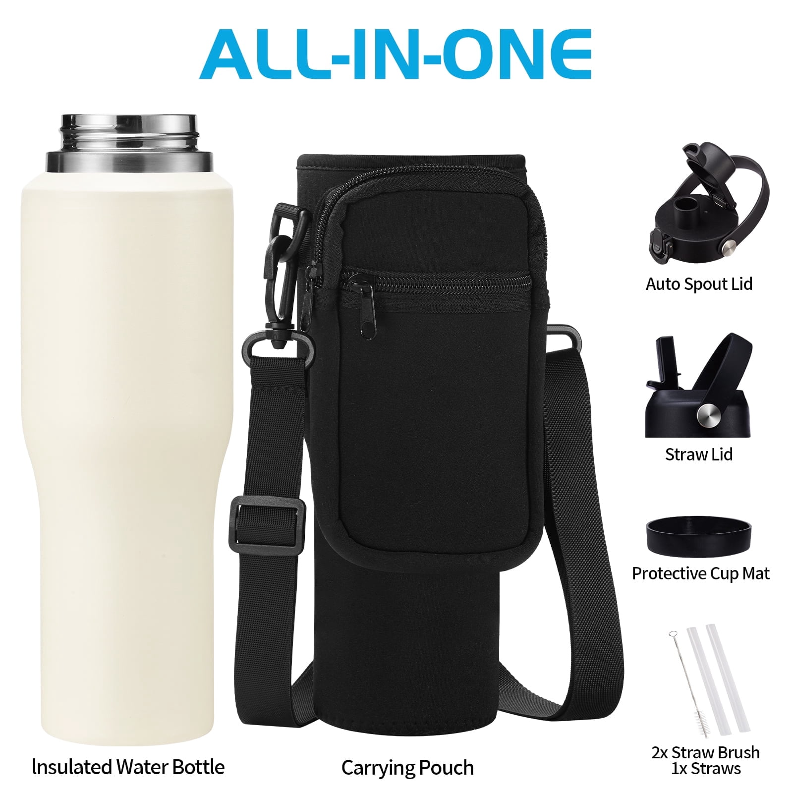 40 OZ Water-Bottle Fit Car Cup-Holder - Double Wall Vacuum Insulated Thermal with Lid and Straw, Stainless Steel Tumbler 40oz with Carrying Case, for Travel Drive