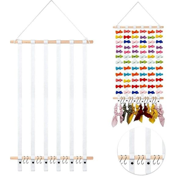 Bow Holder for Girls, Headband Hair Clips Storage Hanger with Hooks, Hair Accessories Wall Hanging Organizer for Girl Room Nursery Home Decor 23.6 inch(White)