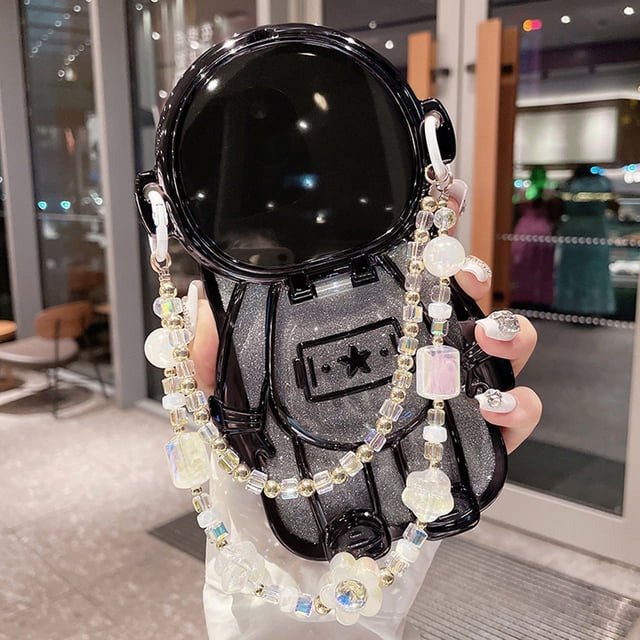 Luxury 3D Astronaut Lens Makeup Mirror Bracket Strap Phone Case For iPhone 15 14 13 12 11 Pro Max + Plus Back Cover With Strap
