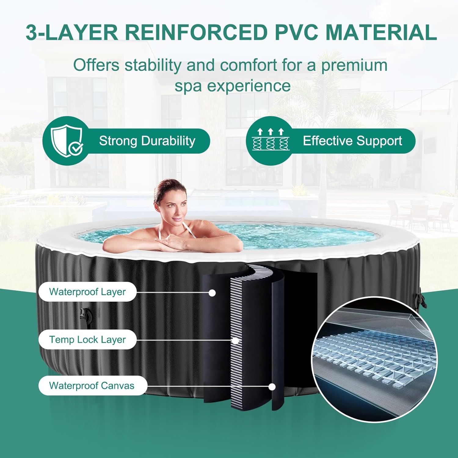 MOPHOTO 2-4 Person Inflatable Hot Tub, Round Portable Blow up Hot Tub, Leak-Proof PVC Outdoor Spa with 120 Air Jets, Insulated Cover & Heater Pump(71"*71"*25")