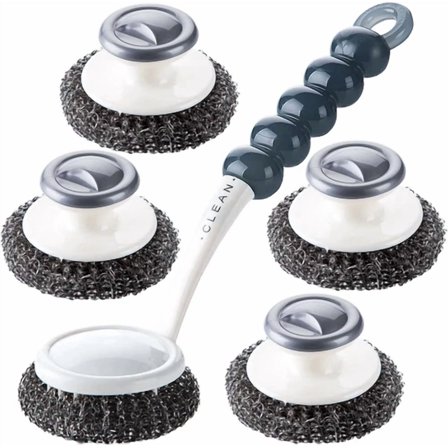5Pcs Kitchen Cleaning Stainless Steel Sponge Scrubbers With Handle Scouring Pads