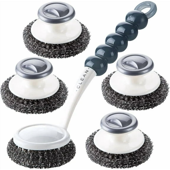5Pcs Kitchen Cleaning Stainless Steel Sponge Scrubbers With Handle Scouring Pads