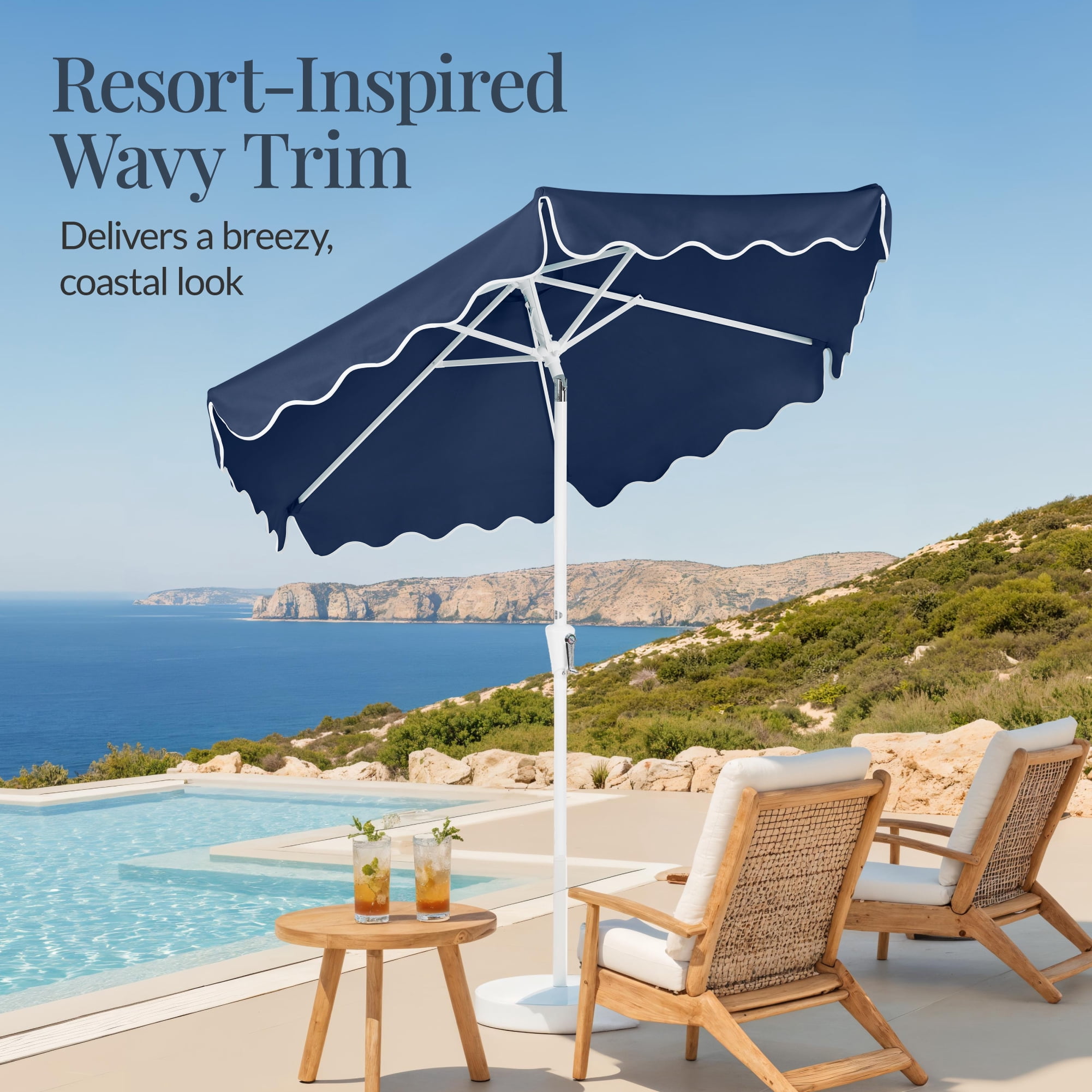 Best Choice Products 7.5ft Patio Market Umbrella with Wavy Trim, Fade-Resistant, Crank & Tilt, Wind Vent - Navy Blue