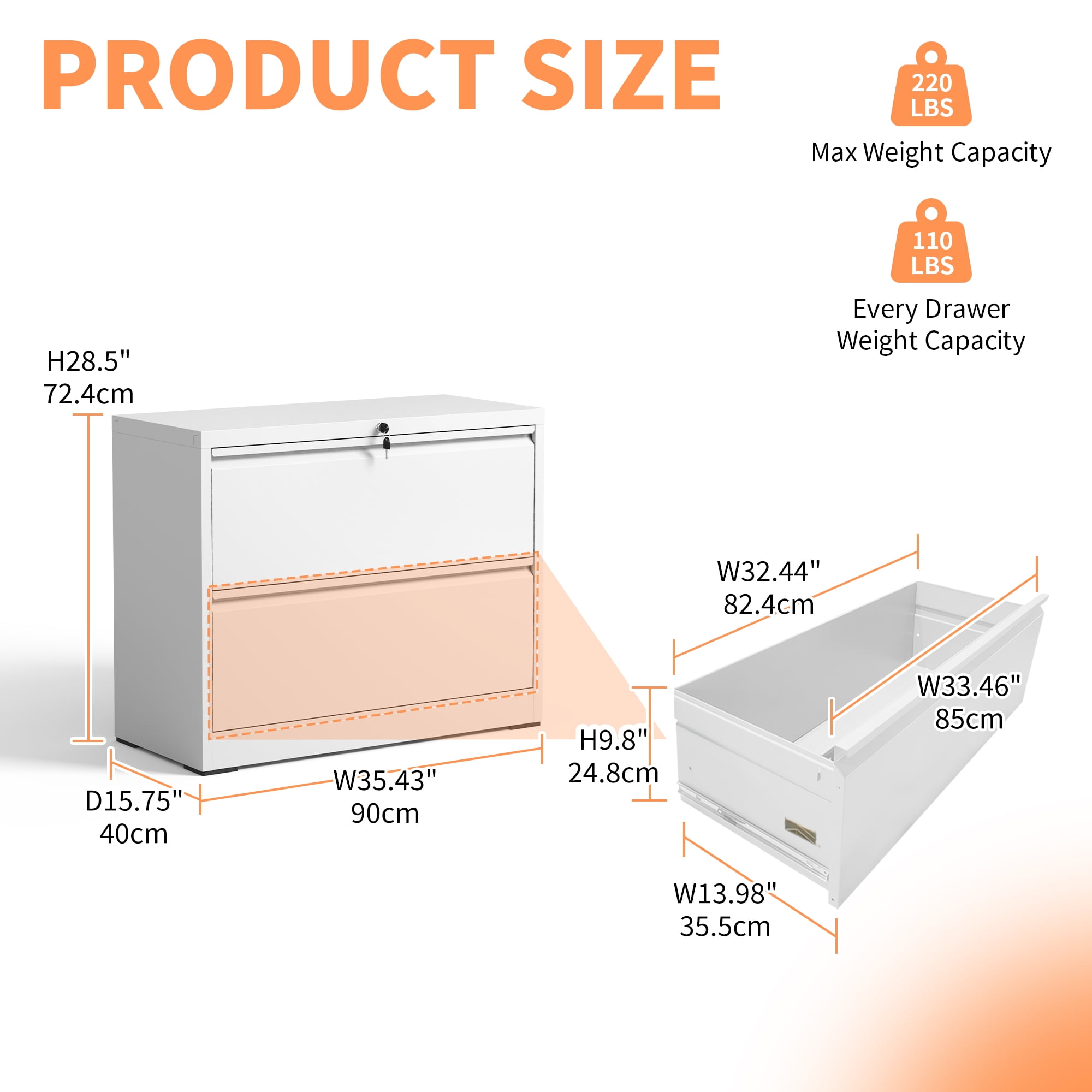 Xukmct Lateral File Cabinet with Lock, Lockable File Cabinet for Home Office, 2 Drawer Locking Metal File Cabinet for Letter/A4/F4 Size, White