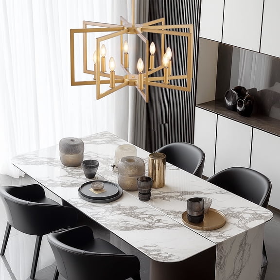 Modern 8-Light Gold Tiered Square Chandelier - Farmhouse Cage Pendant Light for Living Room, Dining Room & Kitchen (E12 Base, Bulbs Not Included)