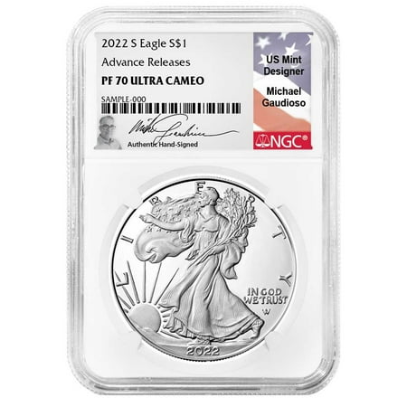 2022-S Proof $1 American Silver Eagle NGC PF70UC AR Gaudioso Signature Flag Label