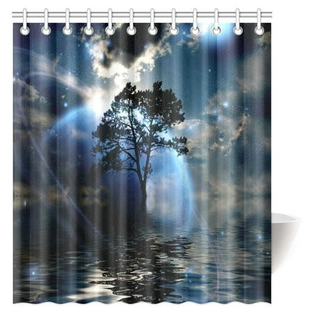 MYPOP Fantasy House Decor Shower Curtain, Water Night View Dark Clouds Stars Moonlight Skylights Rays Tree Reflection on Sea Fabric Bathroom Decor Set with Hooks, 66 X 72