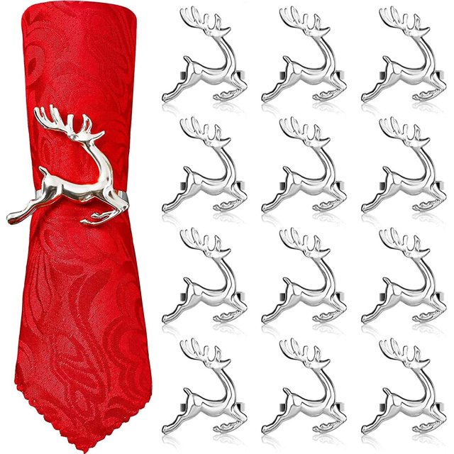 12 piezas de anillos de servilleta de reno navideño, 6 cm, porta servilletas de ciervo plateado, hebilla de servilleta de reno para almuerzo de Navidad, fiesta de Acción de Gracias, vacaciones, boda