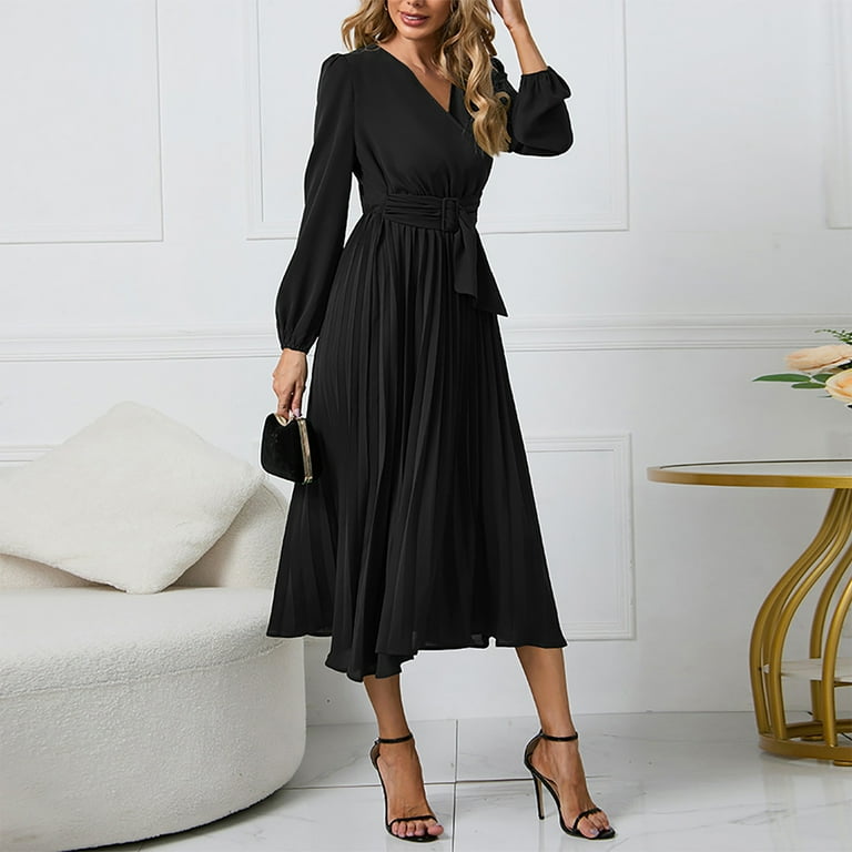 Homchy Summer Sexy Flowy Black Dress for Women Long Sleeve Slim Fit Pleated Belt V Neck Elegance 2XL Walmart