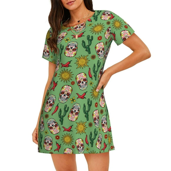 Bixox Vintage Sugar Skull Pattern Women's Nightgown, Soft & Breathable Sleepwear, Round Neck Knee-Length Pajama Dress,Loungewear for Home & Sleep