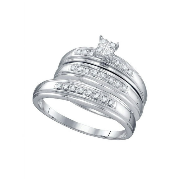 10kt White Gold His & Hers Round Diamond Square Cluster Matching Bridal Wedding Ring Band Set 1/5 Cttw