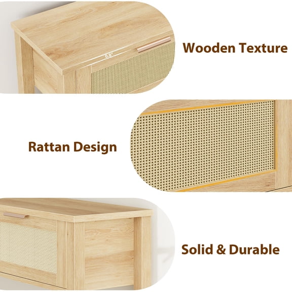 Boho Rattan Console Table with 2 Drawers – Narrow Sofa Side Table – 2-Tier Storage Shelf – Accent Hallway Foyer Furniture – Living Room Entryway – Reclaimed Caramel Oak – 25-Year Natural Wood Color