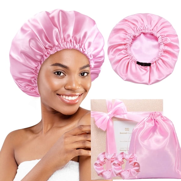 Silk Satin Bonnet Double Layer Reversible Hair Bonnet Elastic Sleep Cap with 2 Scrunchies & 1 Satin Bag Pink