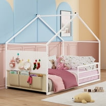 Yoneston Twin Floor Montessori Bed with Storage Caddy & Pegboard, House Shape Metal Floor Bed with Guardrails for Toddlers Kids Boys Girls, White